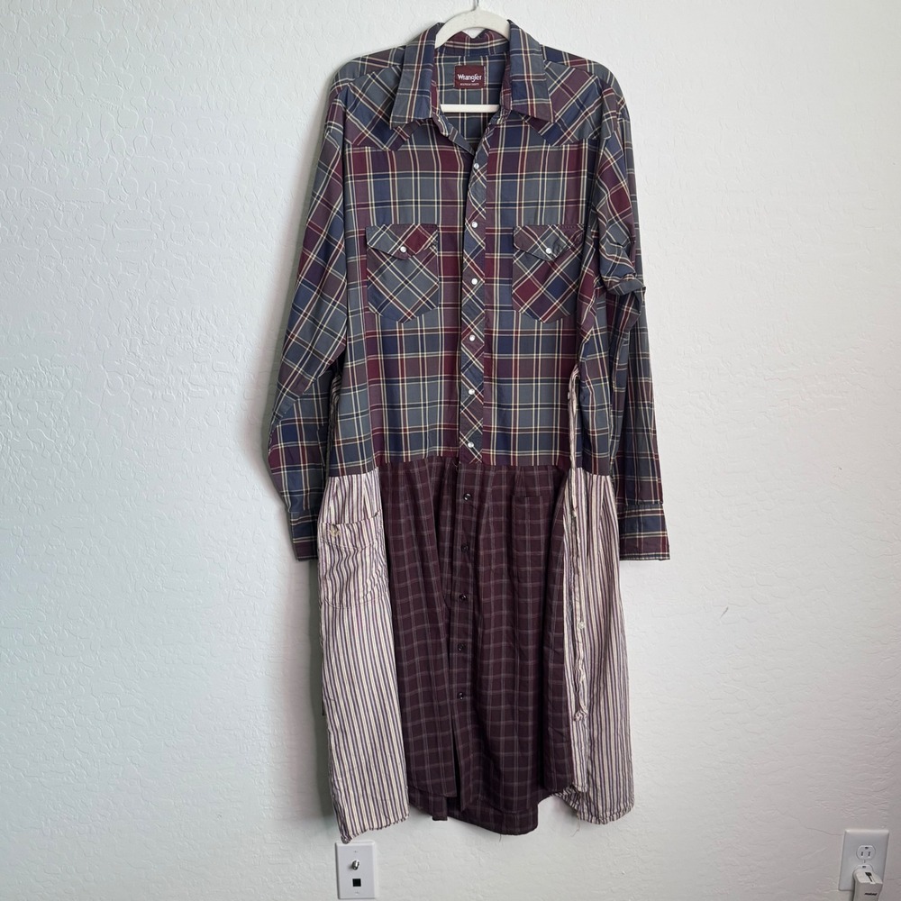 Wrangler Upcycled Western Patchwork Shirt Dress Plaid Striped Oversized Midi